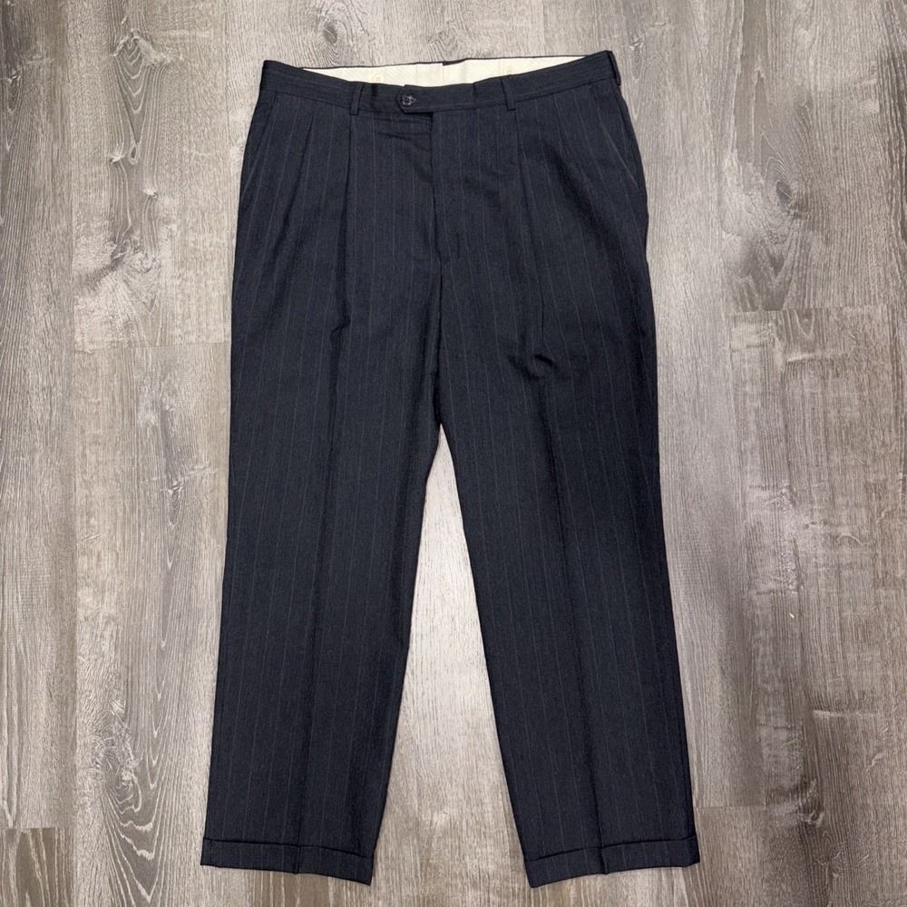 Vtg Haggar Pure Wool Dress Pants Pleated Cuffed Pinstriped Slacks 36x30 Made USA